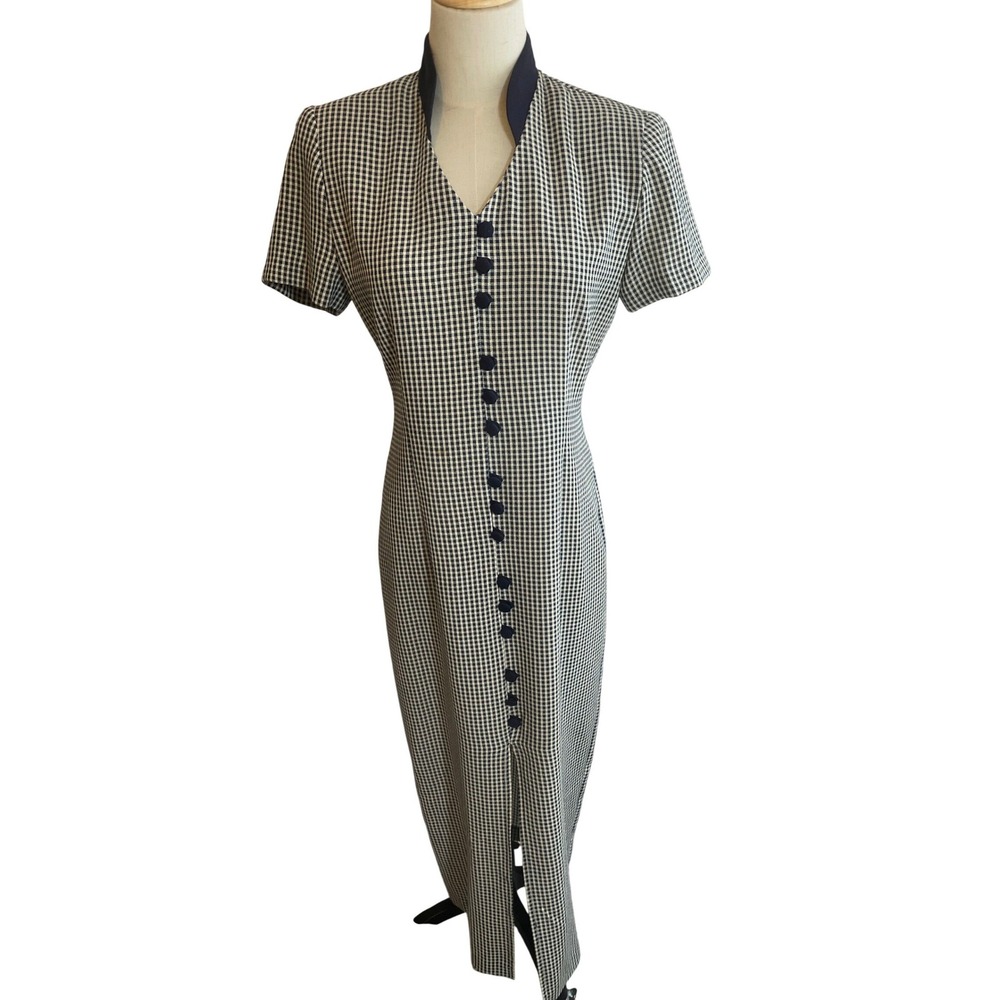 Scarlett Vintage Gingham Check Maxi Dress Navy Blue White Mandarin Collar‎ 3/4